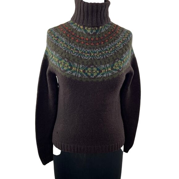 Lauren Ralph Lauren Brown Fair Isle Knit Lambswool Turtleneck Pullover Sweater S - Picture 1 of 7